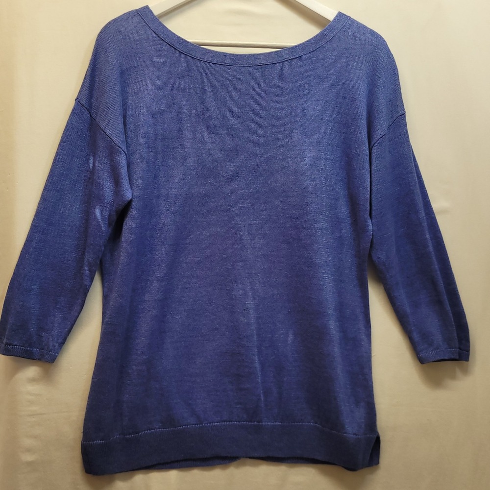Talbots Womens Medium Sweater Lightweight Linen Blue 3/4Slv Tassel Back Pullover